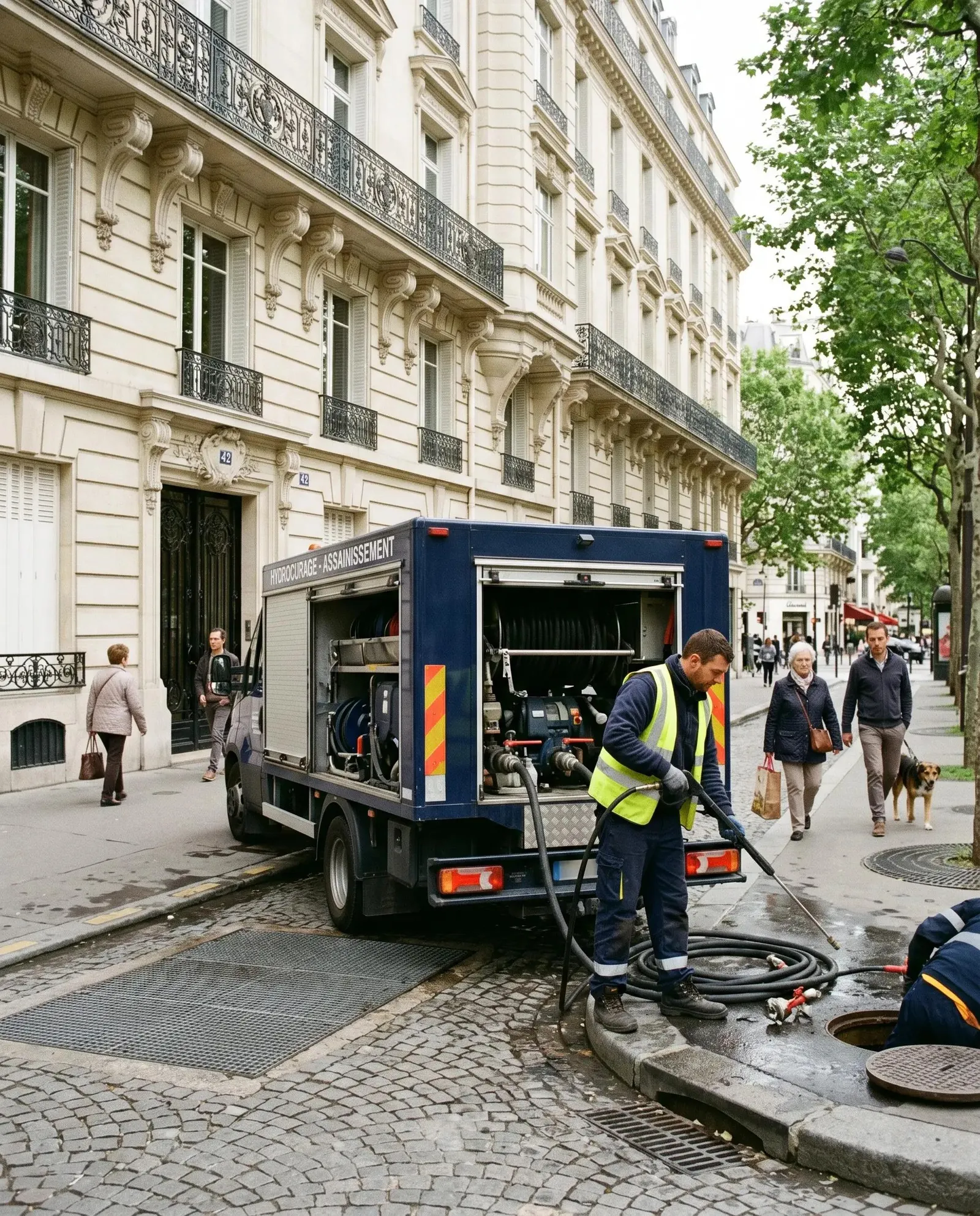 Plombier débouchant une canalisation depuis un camion d'assainissement dans une rue haussmannienne de Paris